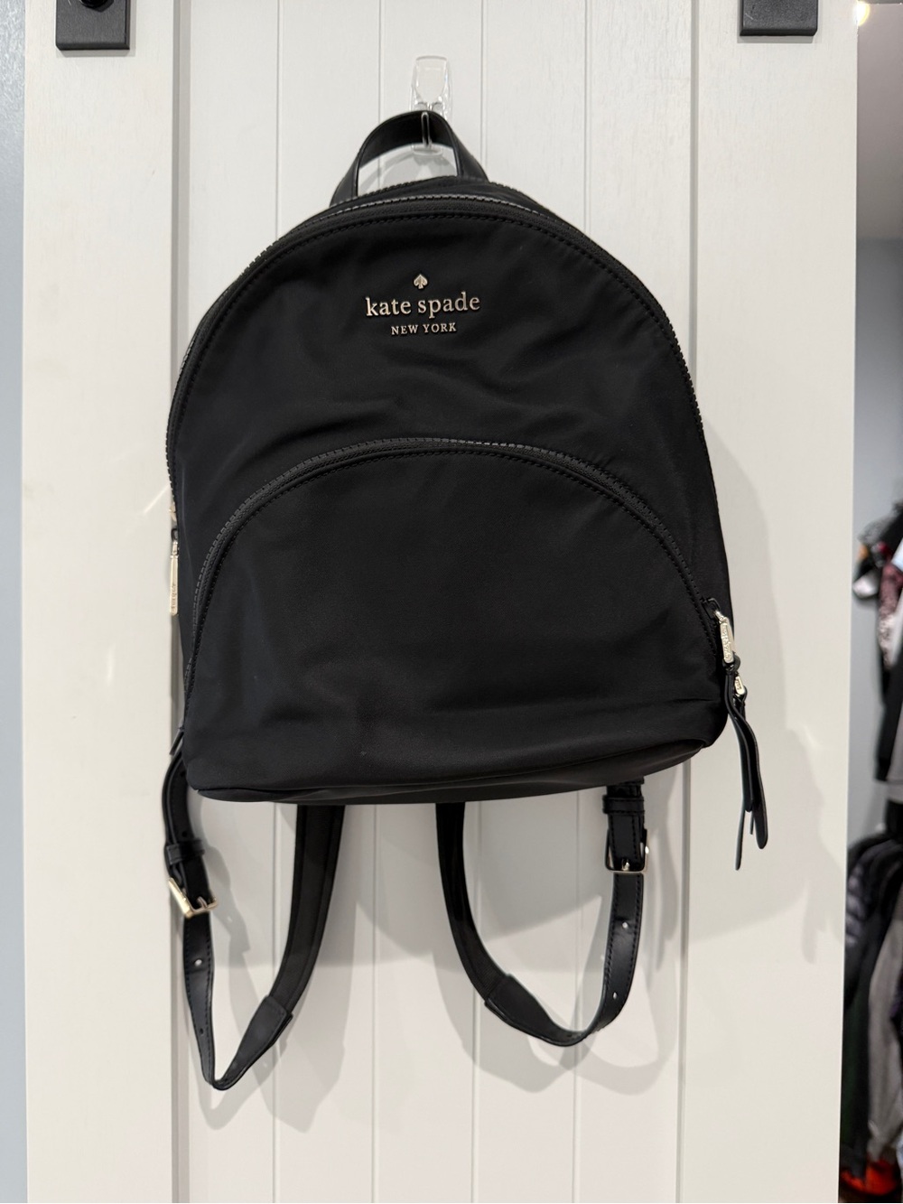 kate spade Black Nylon Mini Karissa Backpack with Gold Logo, 3 pockets
